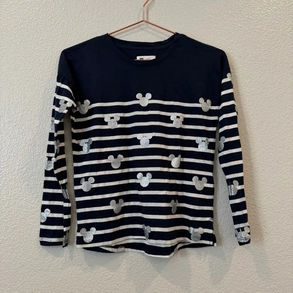 Gap Kids x Disney navy blue white stripe silver Mickey tee t-shirt long sleeve